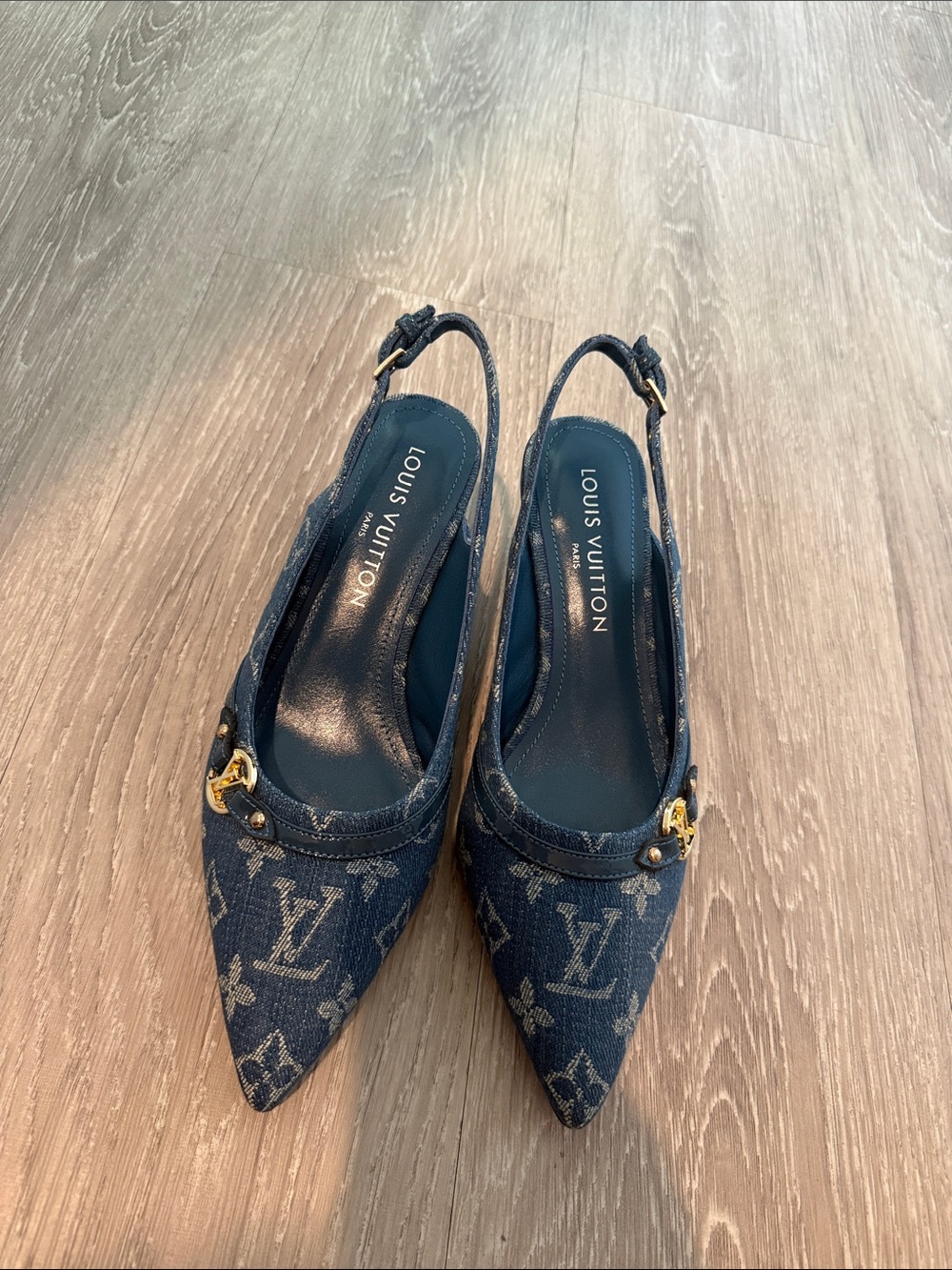 Louis Vuitton Navy Monogram Denim Slingback Pumps with Gold Hardware